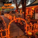 Narandžasta dekorativna rasveta ističe baštenske elemente; LED narandžasto svetlo bez odsjaja